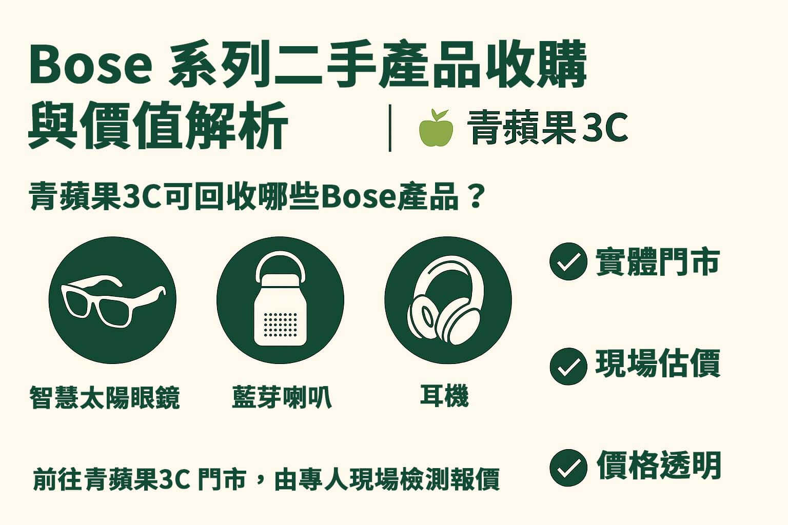 Bose 系列二手產品收購項目圖卡,包括智慧太陽眼鏡、藍牙喇叭、耳機|青蘋果3C 現場估價現金回收